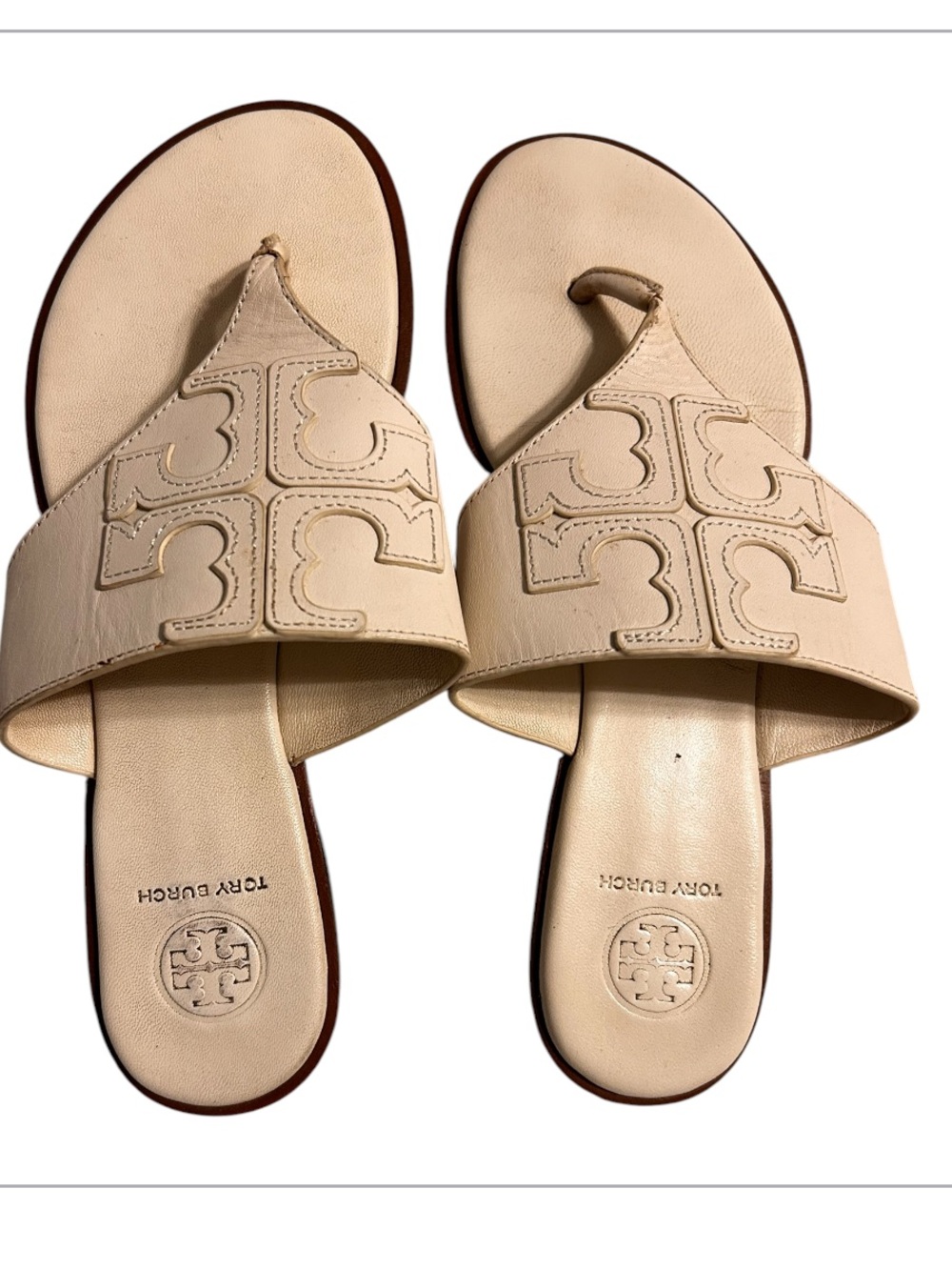 Tory Burch Jamie Dulce De Leche Leather Logo Thong Slide Sandals Women 7M